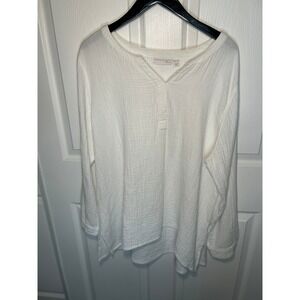 Susan Graver Pure White Gauze Cotton Textured V Neck Long Sleeve‎ Tunic Top XL